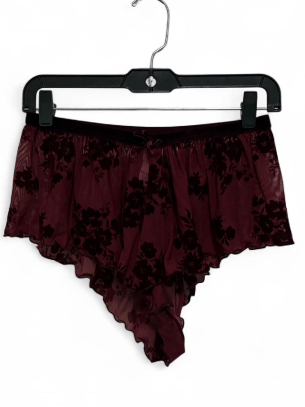 Auden Burgundy Velvet Floral Ruffle Trim High Waisted Lounge Sleep Shorts